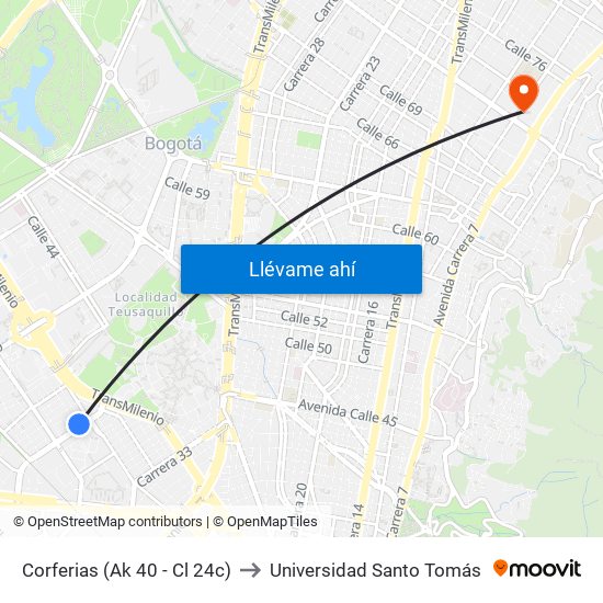 Corferias (Ak 40 - Cl 24c) to Universidad Santo Tomás map