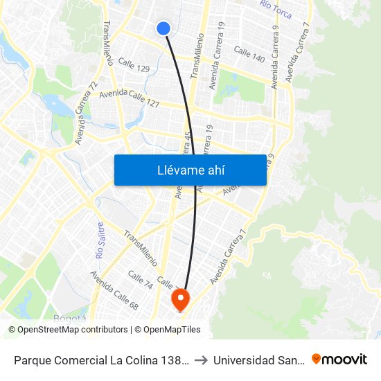 Parque Comercial La Colina 138 (Ac 138 - Kr 55) to Universidad Santo Tomás map