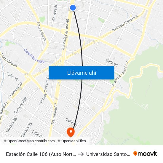 Estación Calle 106 (Auto Norte - Cl 105) to Universidad Santo Tomás map