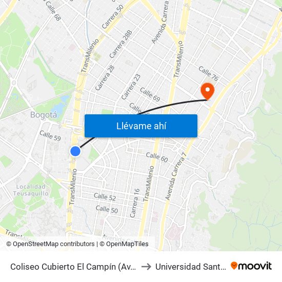 Coliseo Cubierto El Campín (Av. NQS - Cl 57b) to Universidad Santo Tomás map