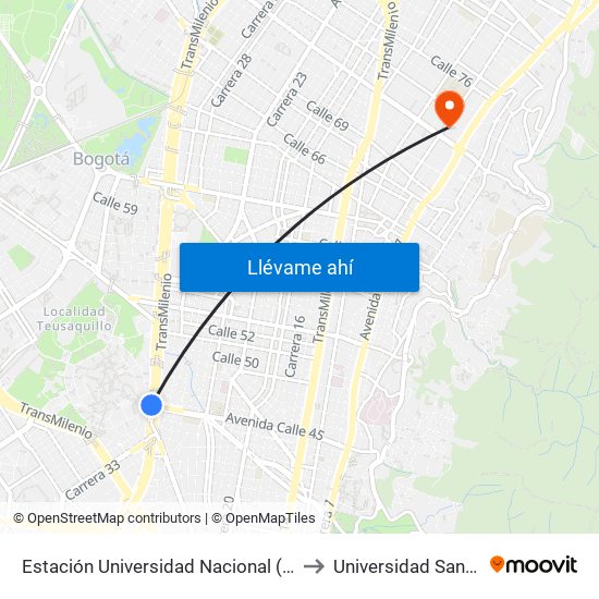 Estación Universidad Nacional (Av. NQS - Cl 45) to Universidad Santo Tomás map