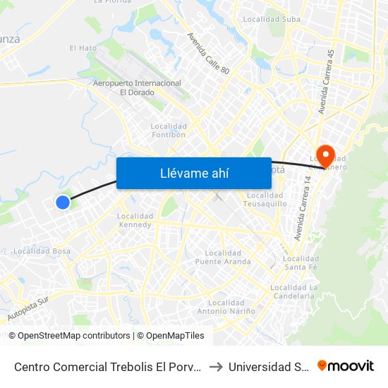 Centro Comercial Trebolis El Porvenir (Kr 95a - Cl 49c Sur) to Universidad Santo Tomás map