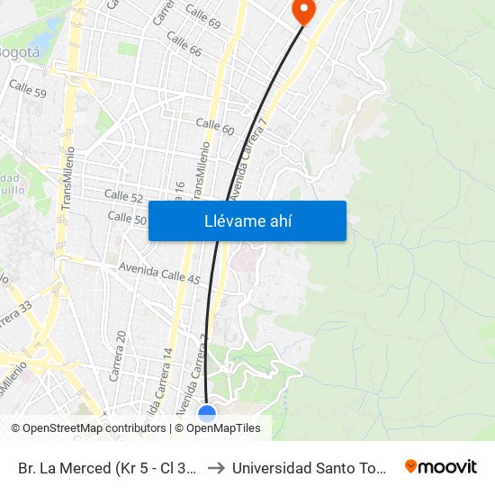 Br. La Merced (Kr 5 - Cl 33a) to Universidad Santo Tomás map