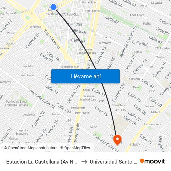 Estación La Castellana (Av NQS - Cl 86) to Universidad Santo Tomás map