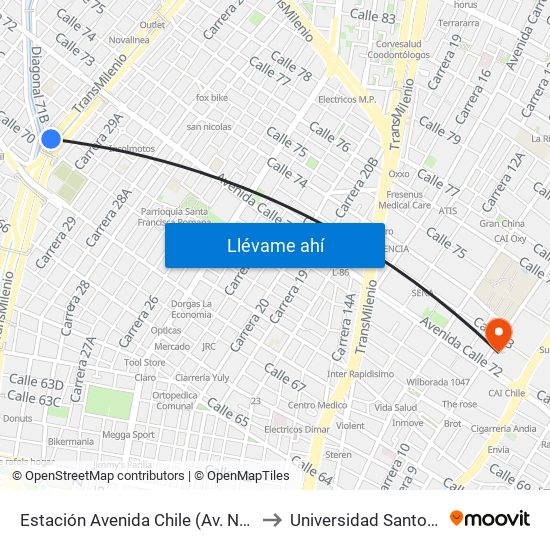 Estación Avenida Chile (Av. NQS - Cl 70) to Universidad Santo Tomás map