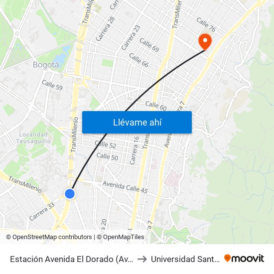 Estación Avenida El Dorado (Av. NQS - Cl 40a) to Universidad Santo Tomás map