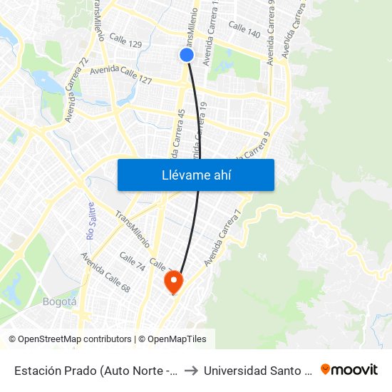 Estación Prado (Auto Norte - Cl 128a) to Universidad Santo Tomás map