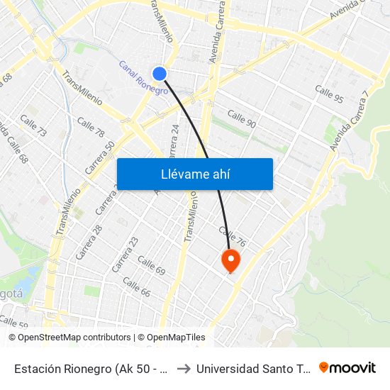 Estación Rionegro (Ak 50 - Cl 91a) to Universidad Santo Tomás map