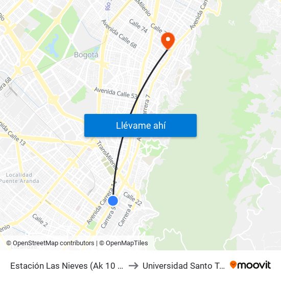 Estación Las Nieves (Ak 10 - Cl 17) to Universidad Santo Tomás map