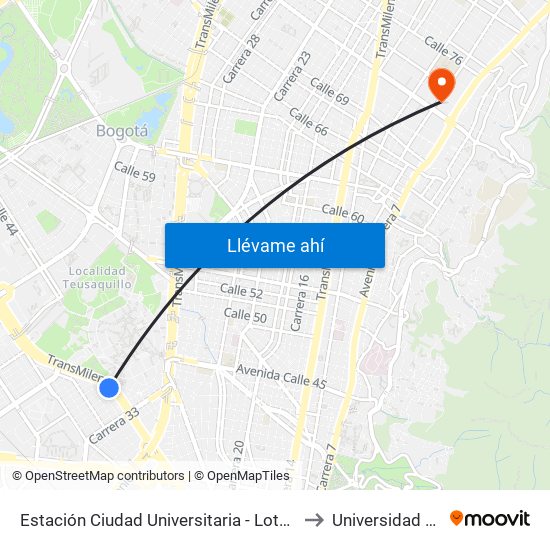 Estación Ciudad Universitaria - Lotería De Bogotá (Ac 26 - Kr 36) to Universidad Santo Tomás map