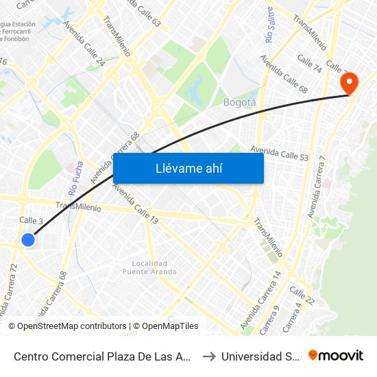 Centro Comercial Plaza De Las Américas (Cl 3 Sur - Kr 71) to Universidad Santo Tomás map