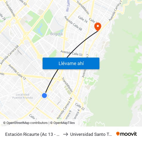 Estación Ricaurte (Ac 13 - Kr 29) to Universidad Santo Tomás map