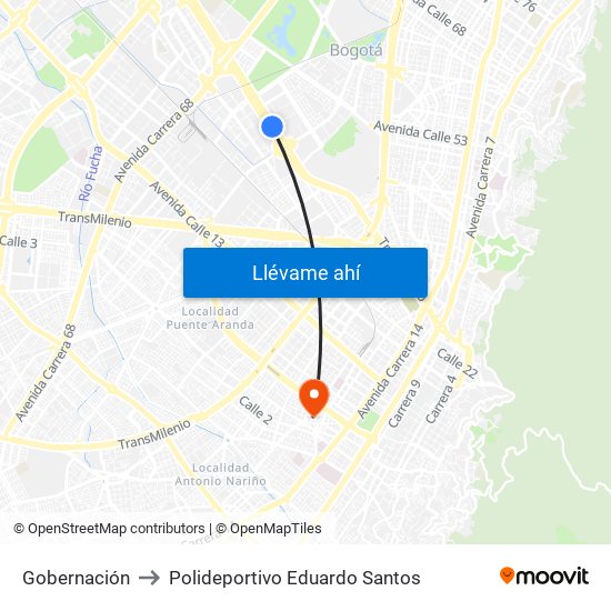 Gobernación to Polideportivo Eduardo Santos map