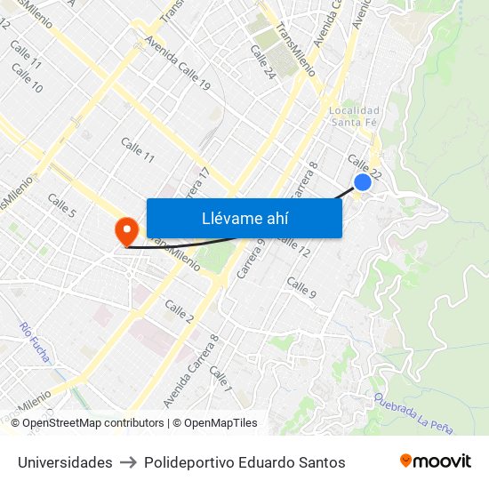 Universidades to Polideportivo Eduardo Santos map