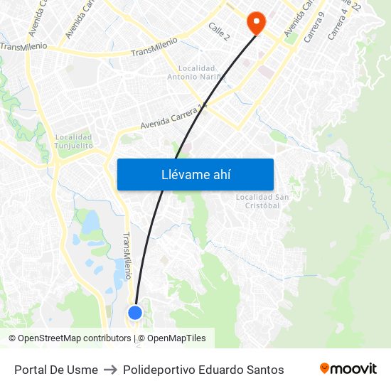 Portal De Usme to Polideportivo Eduardo Santos map