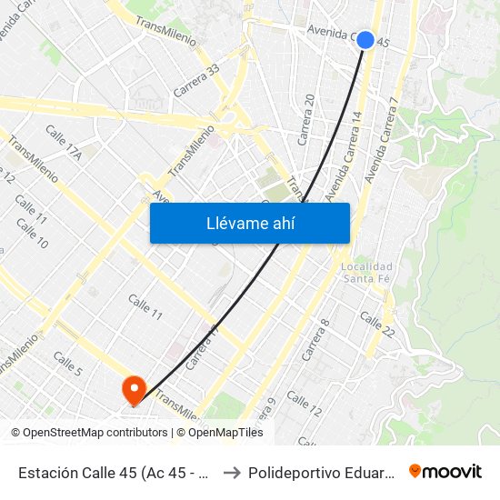 Estación Calle 45 (Ac 45 - Av. Caracas) to Polideportivo Eduardo Santos map