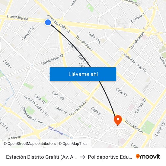 Estación Distrito Grafiti (Av. Américas - Kr 53a) to Polideportivo Eduardo Santos map