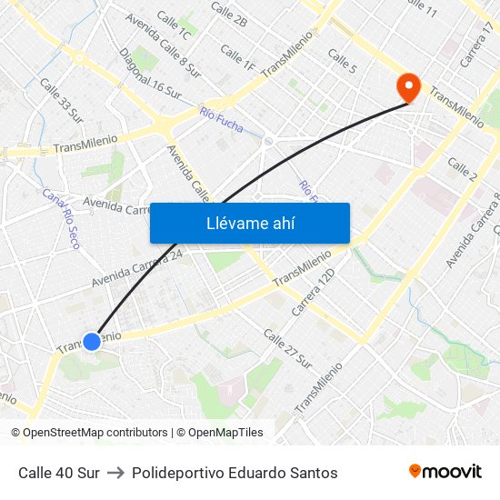 Calle 40 Sur to Polideportivo Eduardo Santos map