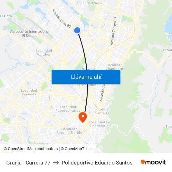 Granja - Carrera 77 to Polideportivo Eduardo Santos map