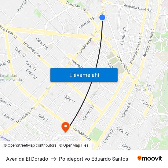 Avenida El Dorado to Polideportivo Eduardo Santos map