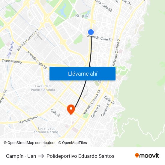 Campín - Uan to Polideportivo Eduardo Santos map