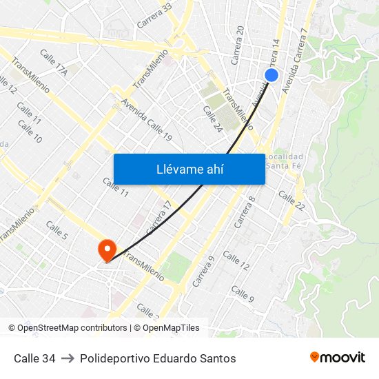 Calle 34 to Polideportivo Eduardo Santos map