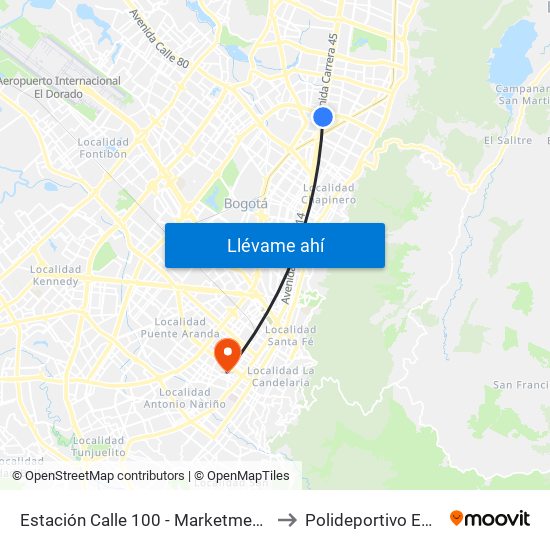 Estación Calle 100 - Marketmedios (Auto Norte - Cl 98) to Polideportivo Eduardo Santos map