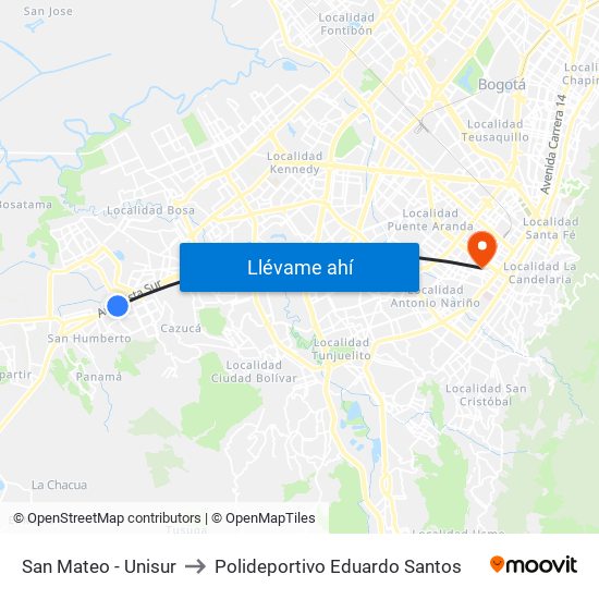 San Mateo - Unisur to Polideportivo Eduardo Santos map