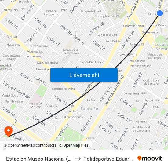 Estación Museo Nacional (Ak 7 - Cl 29) to Polideportivo Eduardo Santos map