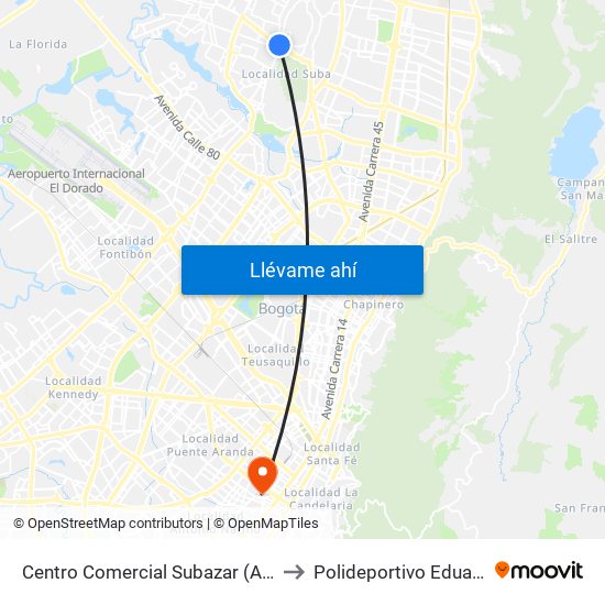 Centro Comercial Subazar (Av. Suba - Kr 91) to Polideportivo Eduardo Santos map