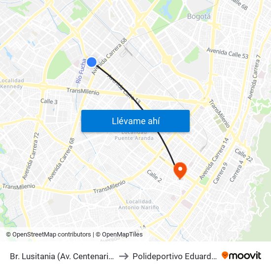 Br. Lusitania (Av. Centenario - Kr 68b) to Polideportivo Eduardo Santos map