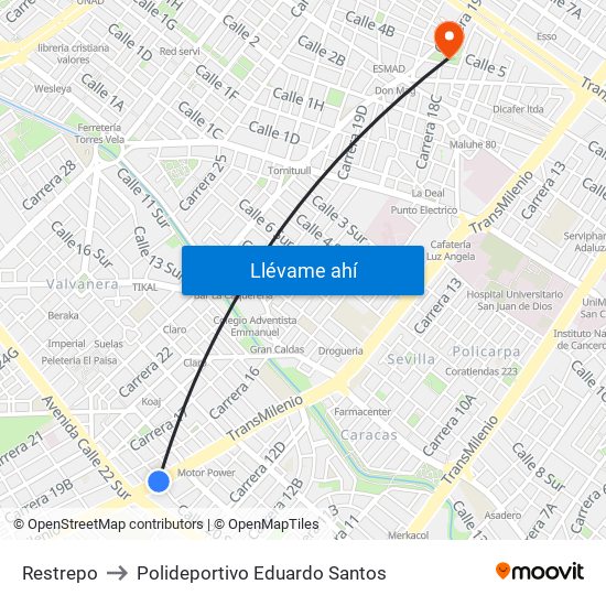 Restrepo to Polideportivo Eduardo Santos map