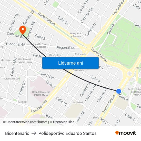 Bicentenario to Polideportivo Eduardo Santos map