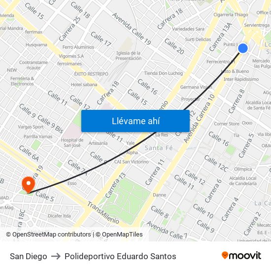 San Diego to Polideportivo Eduardo Santos map