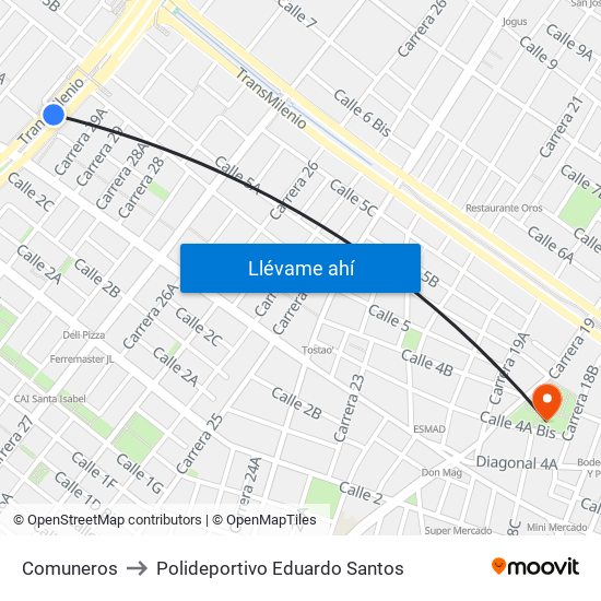 Comuneros to Polideportivo Eduardo Santos map