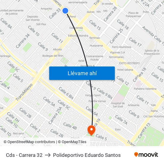 Cds - Carrera 32 to Polideportivo Eduardo Santos map