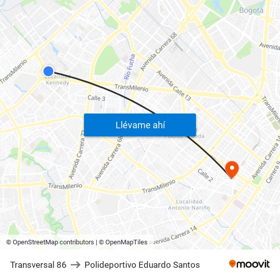 Transversal 86 to Polideportivo Eduardo Santos map