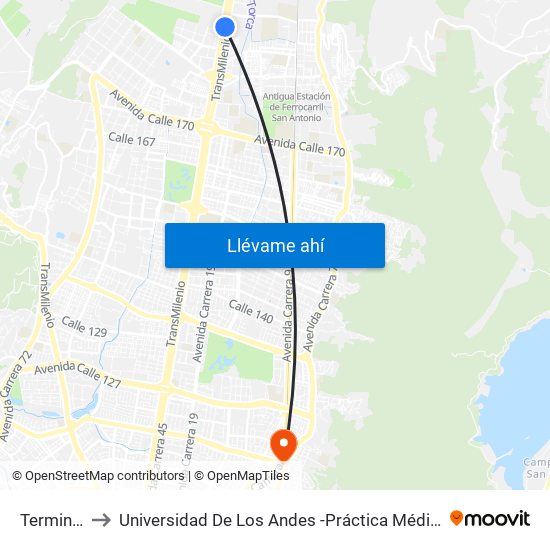 Terminal to Universidad De Los Andes -Práctica Médica map