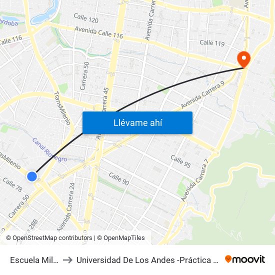 Escuela Militar to Universidad De Los Andes -Práctica Médica map