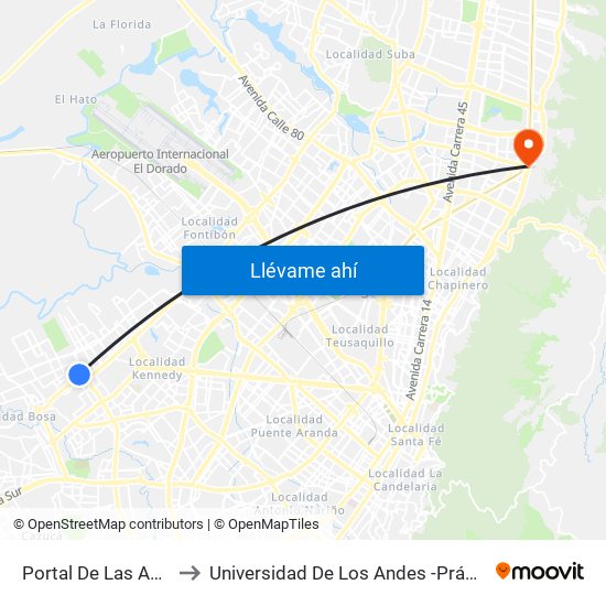 Portal De Las Américas to Universidad De Los Andes -Práctica Médica map