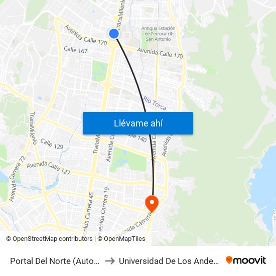 Portal Del Norte (Auto Norte - Cl 174a) to Universidad De Los Andes -Práctica Médica map