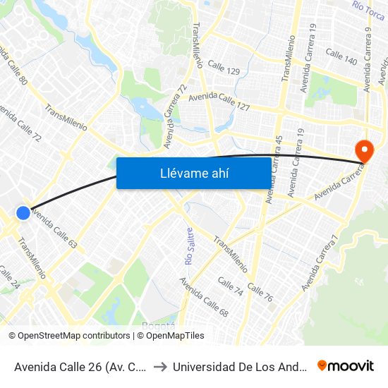 Avenida Calle 26 (Av. C. De Cali - Cl 51) (A) to Universidad De Los Andes -Práctica Médica map