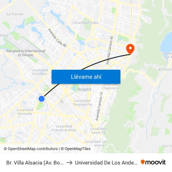 Br. Villa Alsacia (Av. Boyacá - Cl 12a) (A) to Universidad De Los Andes -Práctica Médica map