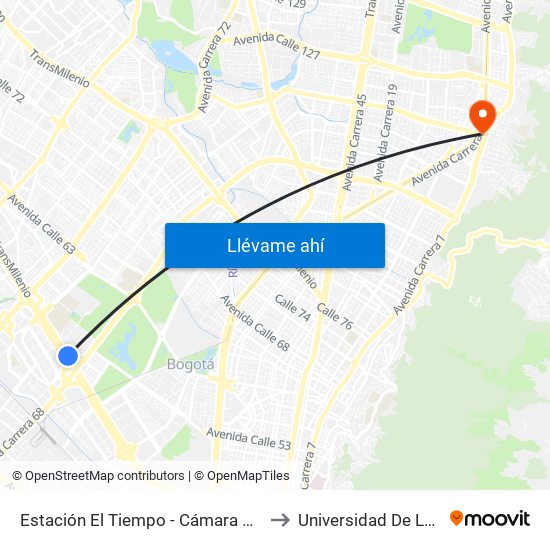 Estación El Tiempo - Cámara De Comercio De Bogotá (Ac 26 - Kr 68b Bis) to Universidad De Los Andes -Práctica Médica map