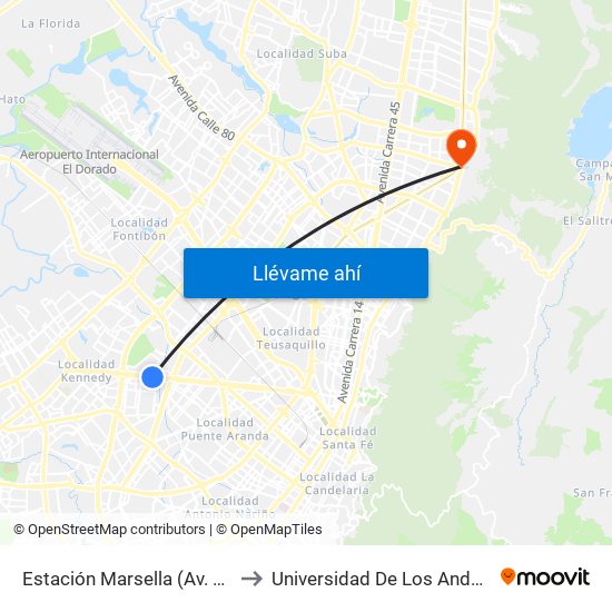 Estación Marsella (Av. Américas - Kr 69b) to Universidad De Los Andes -Práctica Médica map