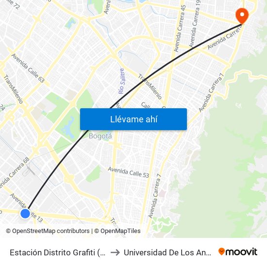 Estación Distrito Grafiti (Av. Américas - Kr 53a) to Universidad De Los Andes -Práctica Médica map