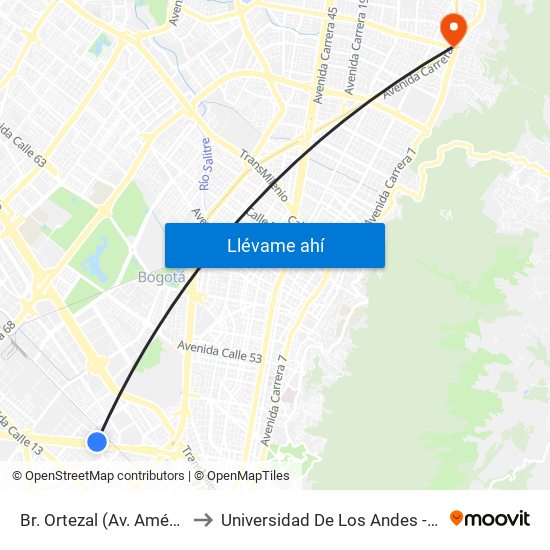 Br. Ortezal (Av. Américas - Tv 39) to Universidad De Los Andes -Práctica Médica map