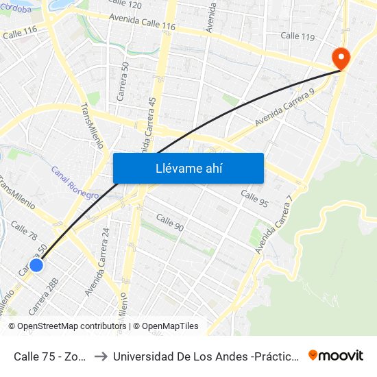 Calle 75 - Zona M to Universidad De Los Andes -Práctica Médica map