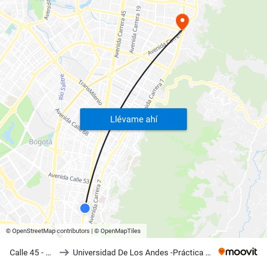 Calle 45 - Asw to Universidad De Los Andes -Práctica Médica map