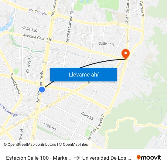 Estación Calle 100 - Marketmedios (Auto Norte - Cl 98) to Universidad De Los Andes -Práctica Médica map